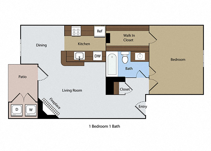 Floor plan for 1 bed, 1 bath, 660 sqft